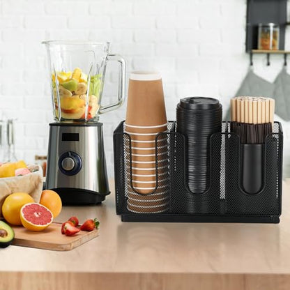 Paper Cup and Lid Holder with Straw Organizer for Countertop Coffee Station Bar Restaurant Breakroom, Metal Midsize Disposable Coffee Cup Dispenser for Plastic Cup Lid Straw, Black