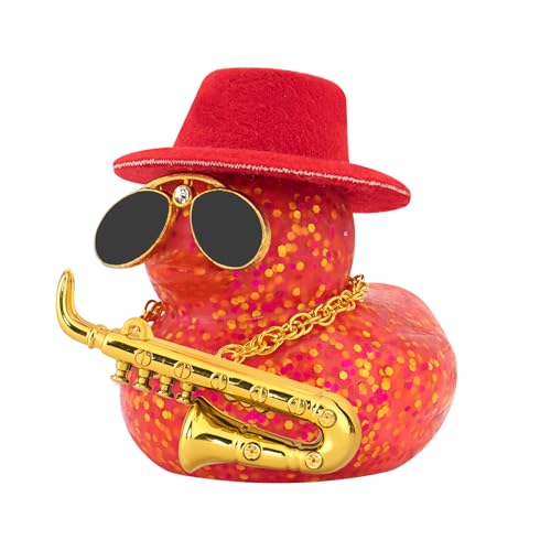 wonuu Car Decoration Saxophone Rubber Ducks, Dashboard Decor Duck Car Ornaments with Mini Top Hat Necklace Sunglasses, Dark Red - color: Dark Red, style: Glitter