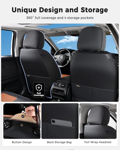 Huidasource Black Brown Front Seat Covers, Universal Fit for Most Cars SUV Trucks, Full Coverage Nappa Leather Seat Cover, Airbag, Velcro Adjustable, Seat Function Retain - color: FR: Black&Brown, size: Front