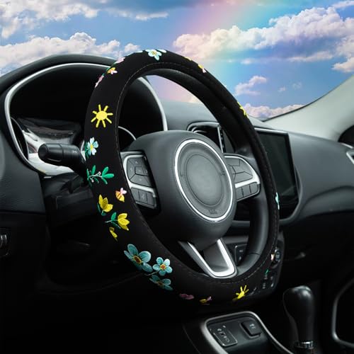 Embroidered Floral Bee Cute Black Steering Wheel Cover, Auto Anti-Slip Breathable Steering Wheel Protector,Floral Car Accessories for Women,Universal Size Fit Most Cars -15 inch - color: Floral Bee