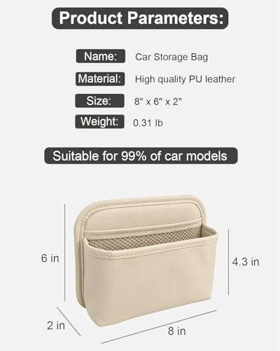 Driver's Car Storage Bag, Small Car Side Pocket Organizer for Car Seats, Doors and Consoles, PU Leather (Beige)