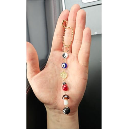Evil Eye Car Hanging Ornament, Cute Car Charm for Rear View Mirror, Good Luck Decor with Four-Leaf Clover, Ladybug, 8 Ball, Mushroom, Yin Yang Symbo, and Boho Car Accessories