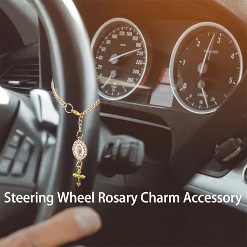 Steering Wheel Rosary Charm Accessory, Catholic Rosary Hanging Pendant, Cross for Car, Steering Wheel Accessory with Virgin Mary Charm and Crucifix, Christian Gifts (Gold) - color: A