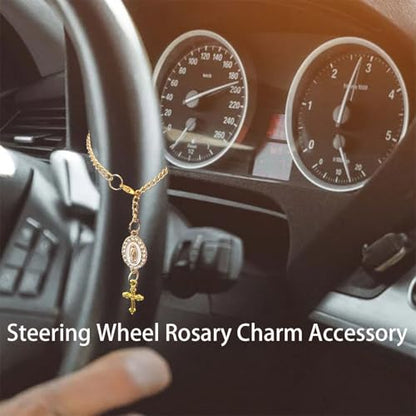 Steering Wheel Rosary Charm Accessory, Catholic Rosary Hanging Pendant, Cross for Car, Steering Wheel Accessory with Virgin Mary Charm and Crucifix, Christian Gifts (Gold) - color: A