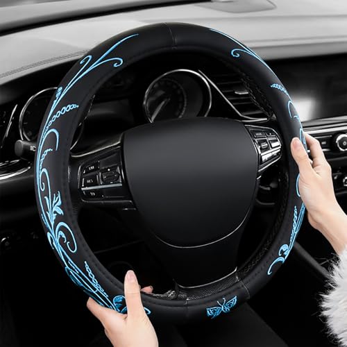 Blue Embroidery Butterfly Car Steering Wheel Cover,14.5-15 Inch Universal Leather Covers Breathable Anti-Slip Odorless Steering Wheels Accessories for Men Women - color: Embroidery-Blue
