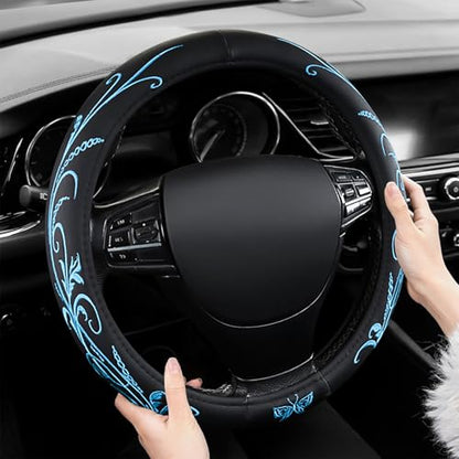 Blue Embroidery Butterfly Car Steering Wheel Cover,14.5-15 Inch Universal Leather Covers Breathable Anti-Slip Odorless Steering Wheels Accessories for Men Women - color: Embroidery-Blue