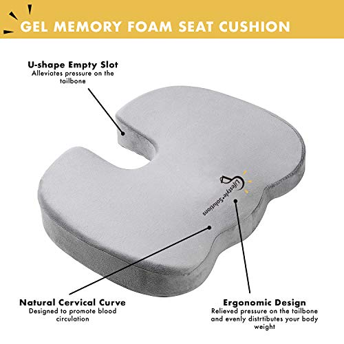 Large Seat Cushion with Carry Handle and Anti Slip Bottom, Large Gel Memory Foam Seat Cushion - Orthopedic Gel & Memory Foam - Coccyx Cushion for Tailbone Pain – Sciatica & Back Pain Relief (Grey)