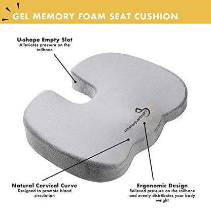 Large Seat Cushion with Carry Handle and Anti Slip Bottom, Large Gel Memory Foam Seat Cushion - Orthopedic Gel & Memory Foam - Coccyx Cushion for Tailbone Pain – Sciatica & Back Pain Relief (Grey)