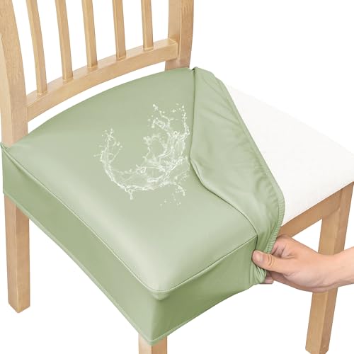 Smiry Waterproof Pu Leather Seat Covers for Dining Room Chairs Set of 2, Stretch Fit Removable Washable Kitchen Chair Seat Slipcovers Protector, No Rear Covers, Light Green - color: Light Green, size: Set of 2
