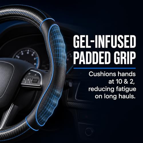 18 Inch Semi Truck Steering Wheel Cover for Freightliner Cascadia, Kenworth T680 T880, Peterbilt 579, Volvo VNL - Anti-Slip Carbon Fiber Grip - Carbon Blue - color: Black Blue