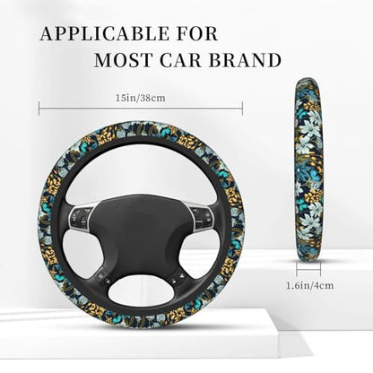 Floral Butterfly Blue Steering Wheel Cover for Women Elastic Rubber Steering Wheel Universal 15 Inch Fit for Cars, Auto, SUVs