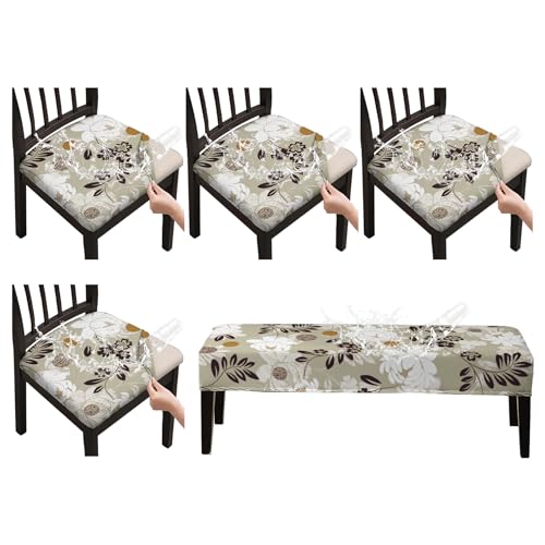 CALBODE Stretch Printed Chair Seat Covers Set of 4 with Stretch Bench Slipcover, Waterproof Seat Covers for Dining Room Chairs Removable Washable Chair Cushion Protector for Kitchen(Brown Floral) - color: B03brown Floral, size: 5 PCS-TPU Waterproof