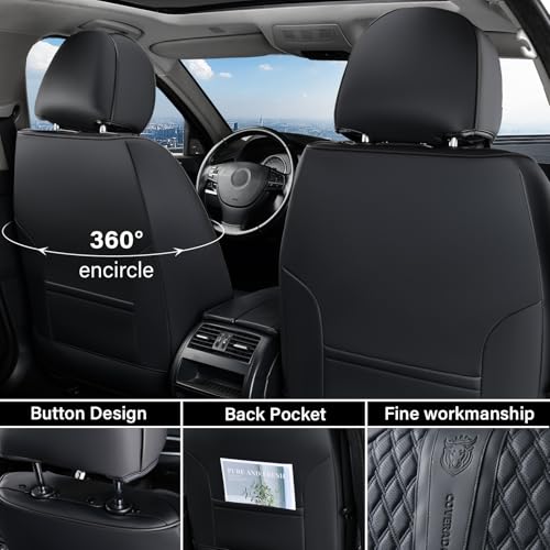 Coverado Front Seat Covers, Car Seat Covers Front Seats, Nappa Leather Seat Covers for Cars, Waterproof Seat Covers with Lumbar Support Universal Fit for Most Cars SUV Trucks (Front, Black)