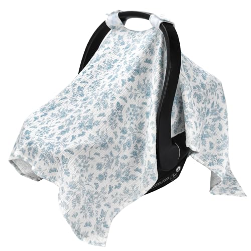SERAPHY 100% Muslin Cotton Car Seat Covers for Babies - Universal, Breathable Canopies for Boys and Girls - Soft Summer Car Seat Cover - Blue Flowers - color: Blue Flowers
