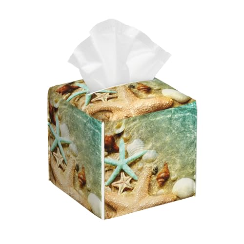 Starfish Seashell on Summer Beach Tissue Box Cover Square, Starfish Seashell Tissue Box Holder Waterproof Leather Facial Paper Organizer Dispenser for Bathroom Home Car Nightstand Vanity Desk - color: Color-2