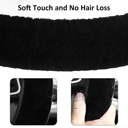 Fluffy Steering Wheel Cover for Women Girls, Accmor Universal Fit 15 inch Fur Car Wheel Cover & Handbrake Cover & Gear Shift Cover Set, Fashion Winter Warm Fuzzy Vehicle Wheel Protector (Black) - color: Black