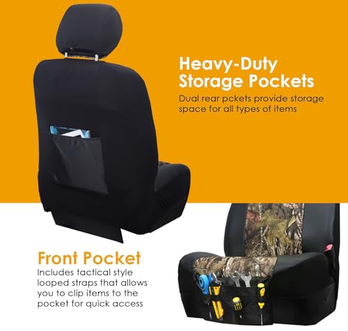 LPI Truck Mossy Oak Heavy Duty Car Seat Covers for Front Seats; Fits Sedans and SUVs, Includes Front and Rear Storage Pockets, Built-in Molle Style Organizer; Semi-Custom Fit; 2pcs - color: Sedan Seat Cover Camo