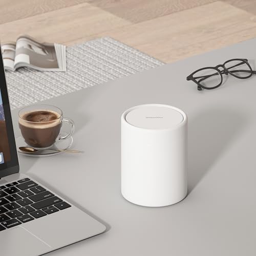 Mini Desk Trash Can with Lid for Desk,0.4 Gallon Brushed Stainless Steel Countertop Trash Can with Lid for Desktop Car Office Kitchen, Swing Top Trash Bin with a Roll of Trash Bag（White）