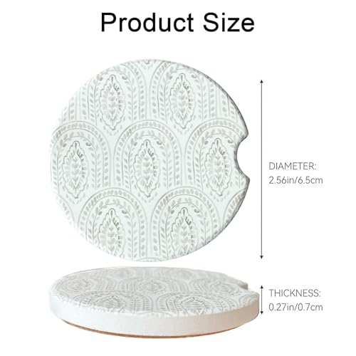 Beige Leaves Car Cup Holder Coasters 2 Pack Boho Absorbent Ceramic Cup Coaster with Cork Base 2.56 Inch Universal Fit for Car Interior Accessories