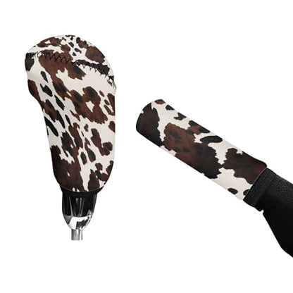 Brown Cow Print 2 Pcs Car Gear Shift Knob Cover Handbrake Cover Comfortable Automobile Accessory Universal Fit for Most Cars SUV Truck - color: Cow Print Brown