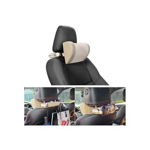 Car Neck Pillow, Memory Foam Vehicles Adjustable Support Headrest Pillow with Hook ＆ Tablet Phone Holder Mount, Multifunctional Auto Interior Accessories, Universal for SUV RV Truck (Beige) - color: Beige