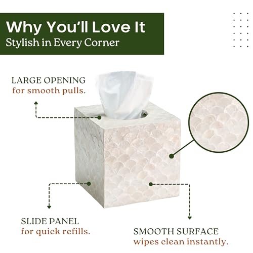 CHI AN HOME 5.5” Capiz Tissue Box Cover, Square Decorative Tissue Holder with Bottom Slider, Handmade Bathroom Accessories, Elegant White Cube for Vanity, Bedroom, Office & Coastal Décor (Natural) - size: Square