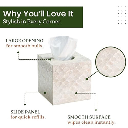 CHI AN HOME 5.5” Capiz Tissue Box Cover, Square Decorative Tissue Holder with Bottom Slider, Handmade Bathroom Accessories, Elegant White Cube for Vanity, Bedroom, Office & Coastal Décor (Natural) - size: Square