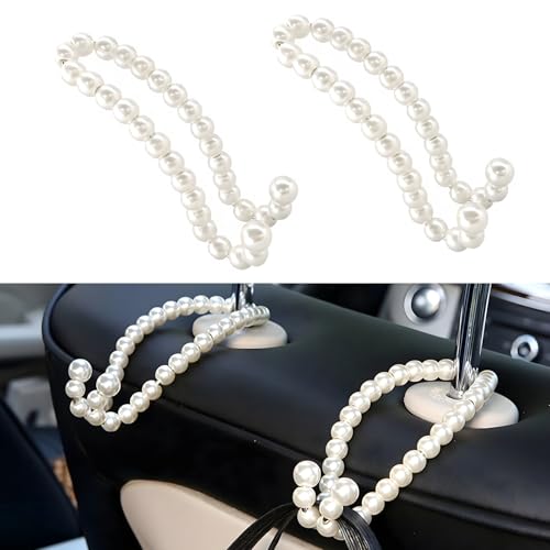 2 PCS Elegant Pearl Car Seat Headrest Hook, Cute Pearl Car Seat Back Hook Storage Organizer, Exquisite Headrest Hanger Purse Holder Interior Decoration for Women Girls