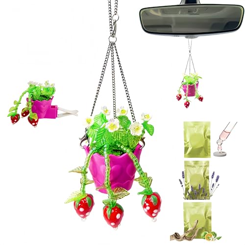 Car Air Freshener Hanging & Vent Clip - Handmade Car Fragrance with Floral Pot Design, Car Scent for Rear View Mirror Accessories, Automotive Air Fresheners That Make Car Smell Good(strawberry) - color: strawberry