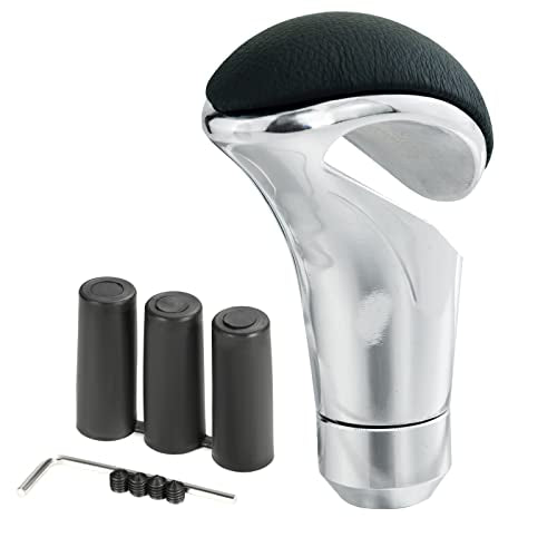 Alloy Gear Stick Shifter Knob Leather Covered Car Shift Lever Handle Fit Most Manual Automatic Vehicles, Black Silver