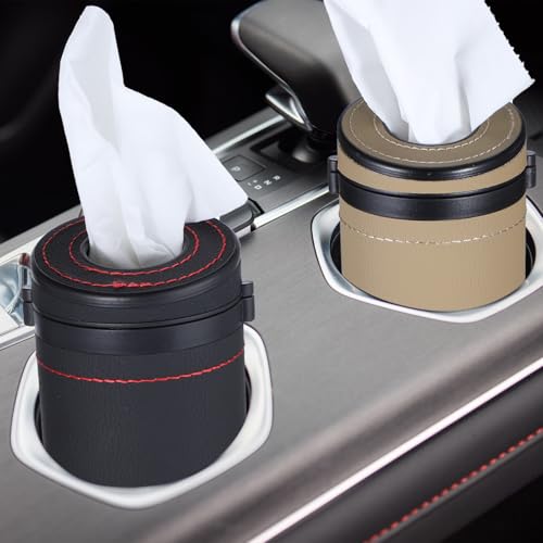 2 Pcs Car Tissues Cylinder Leather Round Tissues Container Car Tissues Holder with Tissues Cylinder Tissue Box with Window Breaker for Car Vehicle Bathroom Office (Beige + Black)