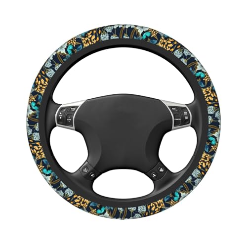 Floral Butterfly Blue Steering Wheel Cover for Women Elastic Rubber Steering Wheel Universal 15 Inch Fit for Cars, Auto, SUVs