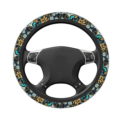 Floral Butterfly Blue Steering Wheel Cover for Women Elastic Rubber Steering Wheel Universal 15 Inch Fit for Cars, Auto, SUVs