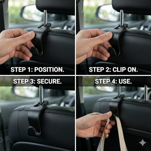 4 Pack Car Seat Headrest Hooks - Universal Back Seat Hanger for Purses, Grocery Bags, and Handbags - Stylish Black Car Organizer Hooks for Interior Storage, Easy Installation, Fits Most Vehicles