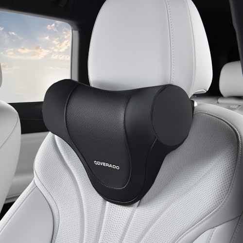 Coverado Car Headrest Pillow, Ergonomic Memory Foam Car Neck Pillow for Driving Seat with Adjustable Strap, Soft PU Leather Breathable Removable Cover Neck Support for Neck Pain Relief - color: Black, size: Headrest Pillow