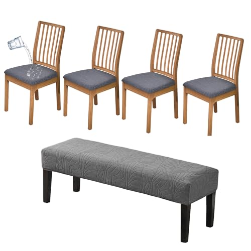 CRFATOP Waterproof Seat Covers for Dining Room Chairs Set of 4 with Stretch Bench Slipcover Jacquard Kitchen Chair Slipcover Washable Seat Cushion Slipcover for Hotel Banquet Wedding Party, Dark Grey - color: 01 Jacquard Dark Grey