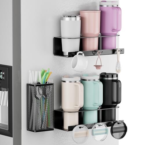 OVICAR Magnetic Cup Holder for Stanley 20/30/40oz - 2 Pack Tumbler Organizer for Refrigerator - Water Bottle Organizer with Straw Basket & 6 Hooks Tumbler Cup Lids Accessories Storage Black - color: Black