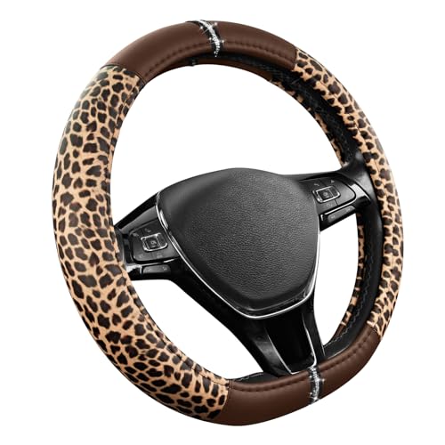 Road Comforts Leopard Steering Wheel Cover for Women, Cute Anti-Slip Microfiber Leather, Fits D Shape Flat Bottom Steering Wheel 14.5-15 Inch - Brown - color: D Shape-Brown
