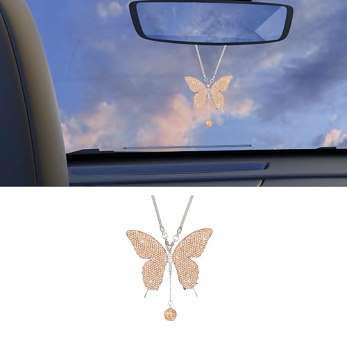 Bling Butterfly Diamond Car Accessories, Crystal Car Rear View Mirror Charms for Women, Auto Decoration Lucky Hanging Interior Crystal Ornament Pendant Decor for All Cars (Peach) - color: Peach
