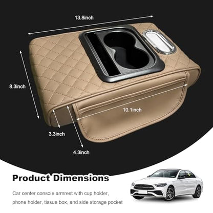 Car Center Console Armrest Pillow, Multifunctional Armrest Box Cover with Cup Phone Tissue Holder & Side Pockets, Waterproof Leather Middle Console Cushion for Most Vehicles (Beige, Embroidered) - color: Beige, size: Embroidered