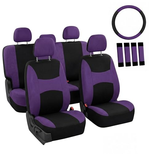 FH Group Full Set Car Seat Covers Cloth, Universal Fit combo, Set with Steering Wheel Cover and Seat Belt Pad fits Most Cars, SUVs, Trucks Purple - color: Purple