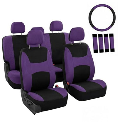 FH Group Full Set Car Seat Covers Cloth, Universal Fit combo, Set with Steering Wheel Cover and Seat Belt Pad fits Most Cars, SUVs, Trucks Purple - color: Purple