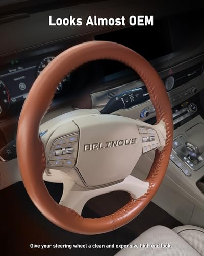 Belinous Leather Steering Wheel Cover Lace Up, Stitch on Steering Wheel Wrap, Universal Fit 13-20 Inch Car Truck Pickup Boat, A Whole Piece of Cowhide, DIY w/Needle Thread (Size L0, Brown) - color: Brown, size: L0