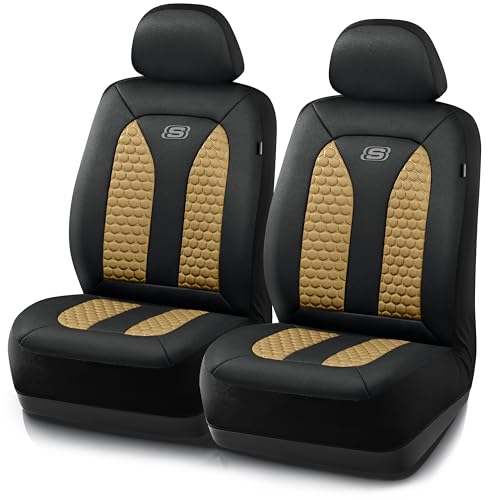 Skechers Memory Foam™ Car Seat Covers, Hexcomb Breathable Thick Seat Covers Two Front Seat Covers, Airbag Compatible, Automotive Comfort & Protection for Most Cars,Van,Trucks, SUVs (Beige,Two Front)