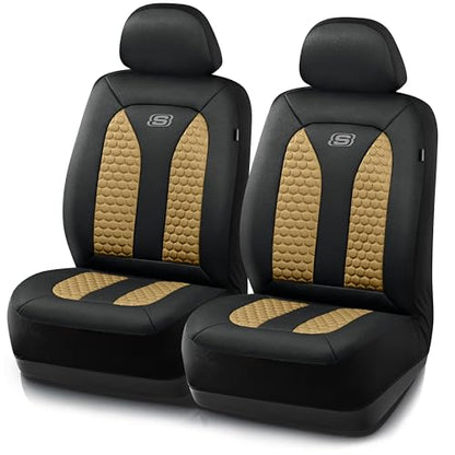 Skechers Memory Foam™ Car Seat Covers, Hexcomb Breathable Thick Seat Covers Two Front Seat Covers, Airbag Compatible, Automotive Comfort & Protection for Most Cars,Van,Trucks, SUVs (Beige,Two Front)