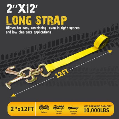 4PCs 2" x12' Recovery Winch Strap w/RTJ Cluster Hook, 10000LBS Tow Truck Car Wrecker Winch Tie Down Straps, Heavy Duty Autohauler Car Tie Down Straps - size: 2"x12FT(4PCs)