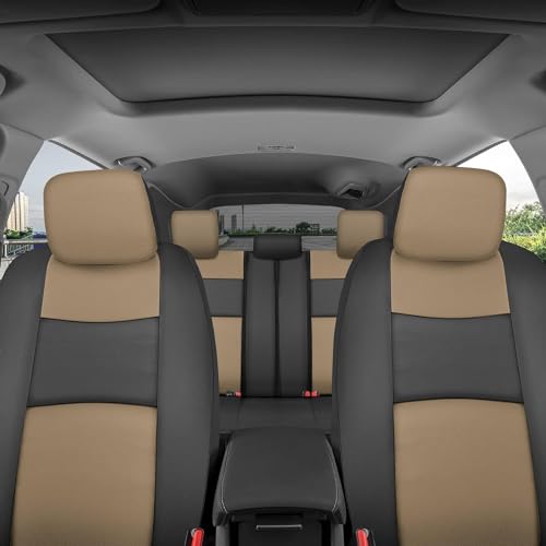 PU Leather Car Seat Covers w/Two-Tone Carpet/Vinyl Trim Car Floor Mats – Front and Back Split Bench Seat Covers, Steering Wheel Cover, Floor Mats(Black/Beige) - color: Beige