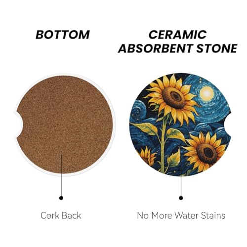 Sunflower Starry Sky Oil Painting Absorbent Ceramic Car Coasters for Cup Holders, 2.56" Anti Slip Insert Cup Coasters for Women Men (2 PCS) - color: Sunflower Starry Sky Oil Painting