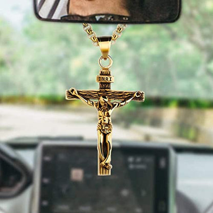 Cross Pendant for Car Rearview Mirror Charm Jesus Cross Necklace Jewelry Men Auto Interior Car Decor Crucifix Christian Religious Gift (Bronze)