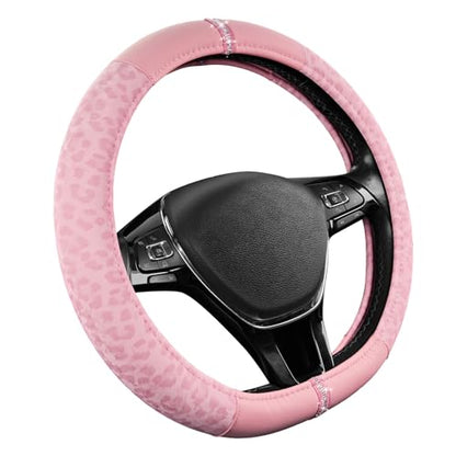 Road Comforts Leopard Steering Wheel Cover for Women, Cute Anti-Slip Microfiber Leather, Fits D Shape Flat Bottom Steering Wheel 14.5-15 Inch - Pink and Pink Leapoard - color: D Shape-All Pink